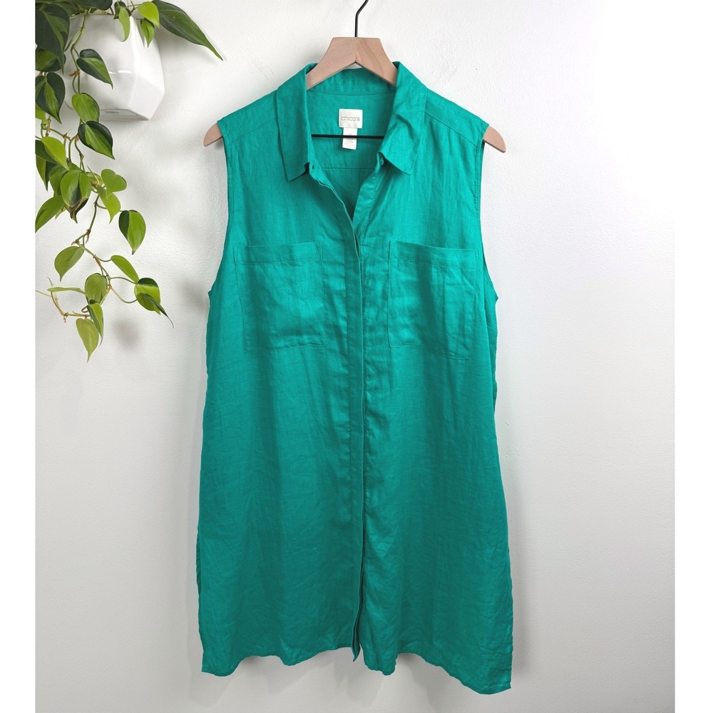 Chicos Womens 3 Green 100% Linen Sleeveless Tunic Button Down Top Coastal XL